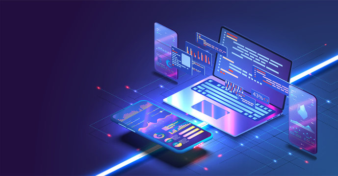 An isometric illustration of a laptop, phone and floating dashboard panels showing charts and code